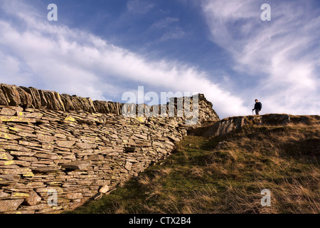 Il camminatore solitario dalla vecchia ardesia stalattite parete su Lingmoor cadde contro il cielo blu con nuvole Cirrus, Lake District, Cumbria, England, Regno Unito