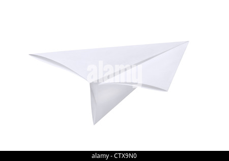 Aeroplano di carta isolato su bianco Foto Stock