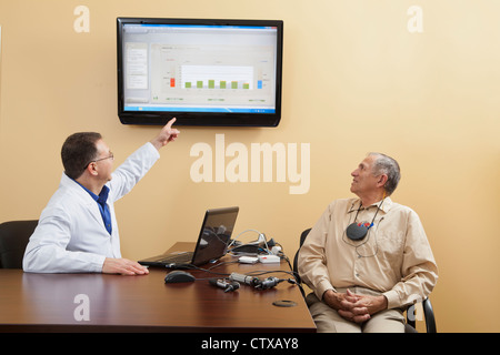 Audiologist spiegando i diagrammi per un paziente che indossa audizione programmatore del dispositivo Foto Stock