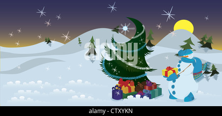 Pupazzo di neve con presenta vicino all'albero di Natale la notte Foto Stock