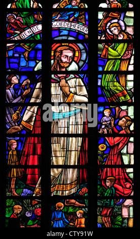 Aalst, Belgio. Sint Martinuskerk / St Martin's chiesa (1480-1638) le vetrate colorate. Gesù con bambini e un agnello Foto Stock