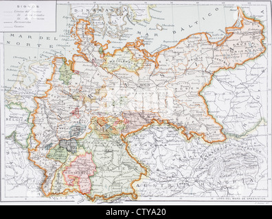 Mappa della Germania imperiale prima della Prima Guerra Mondiale alla fine del ventesimo secolo. Mappa è edito in lingua spagnola. La Prussia e l'impero tedesco. Foto Stock