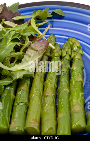 Bollito di asparagi verdi con insalata mix su piastra blu Foto Stock