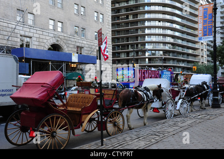 Quattro carrozze trainate da cavalli in piedi al lato del West 59th Street, verso la settima Avenue, Central Park South, New York Foto Stock