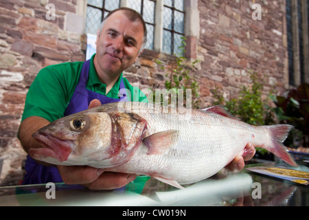 Ritratto di pescivendolo azienda producono a Abergavenny Food festival, Monmouthshire, Wales, Regno Unito Foto Stock