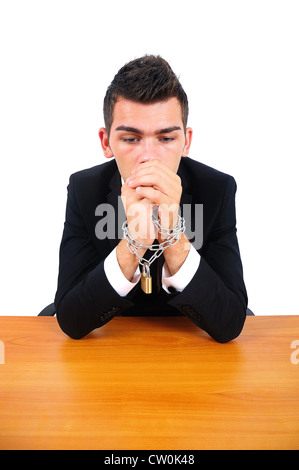 Isolate il business man corrotto legato con catena Foto Stock