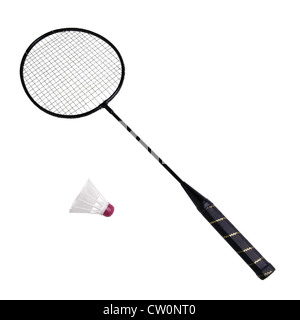 Badminton racchetta e volano isolati su sfondo bianco Foto Stock