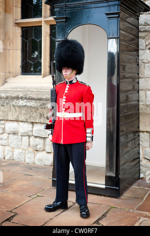 Un lone Scots guardia presso la Torre di Londra, guardia all'ingresso della Jewel House dove i gioielli della Corona sono mantenuti. Regno Unito Foto Stock