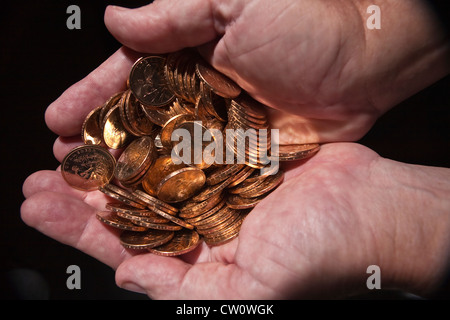 Uomo vecchio mani dollar monete d oro con native american sacajawea image. Foto Stock