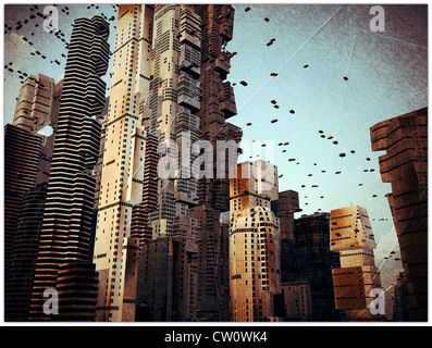 Città futuristica in vecchie foto di grunge Foto Stock