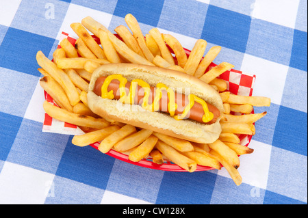 Un cesto di patatine fritte e un hotdog con senape su un tavolo coperto con una tovaglia a scacchi. Foto Stock