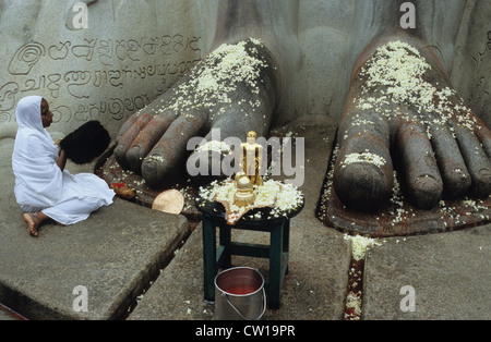 INDIA, nello stato di Karnataka, Hassan distretto, Shravana Belagola , Giainismo, Jain luogo di pellegrinaggio, monolitico in granito di scultura del Santo Signore Bahubali, il 57 piedi di altezza statua è stata scolpita da un unico pezzo di roccia datata 981 ed è uno dei più grandi free-standing statue in tutto il mondo, vestito di bianco jain nun hanno una preghiera ai piedi della scultura Foto Stock