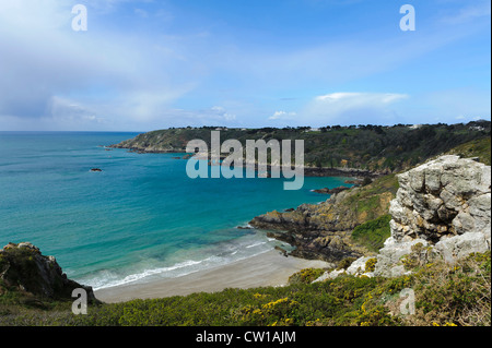 Vista dal punto di Jerbourg su Moulin Huet Bay, Isola di Guernsey, Isole del Canale Foto Stock