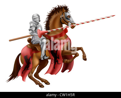 Illustrazione di un cavaliere montato su un cavallo tenendo una lancia pronto a giostra Foto Stock