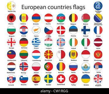 Set di pulsanti rotondi con bandiere di Europa illustrazione Foto Stock