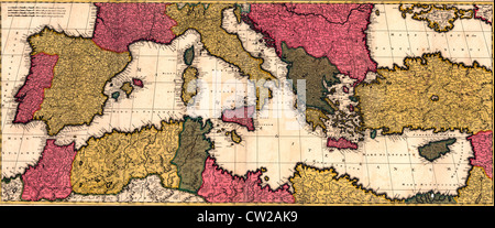 Mappa del Mare Mediterraneo con l'Italia, la Francia, l'Algeria, l'Egitto, la Spagna e il Mare Adriatico, circa 1695 Foto Stock