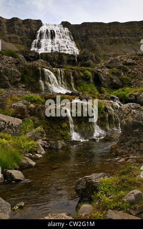 Cascate Dynjandi scenario in estate nei Westfjords d'Islanda, ritratto formato pt Europa, cascate, foss cascata pt estate, FS 9,27 MB. 300ppi Foto Stock