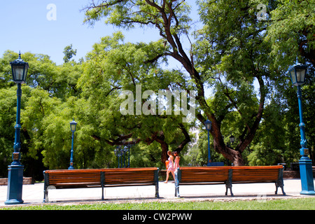 Mendoza Argentina,Plaza Independencia,parco pubblico,panca,lampada,alberi,tronco,rami,foglie,vegetazione,spazio verde,donna donne,passeggiate,passeggiata,l Foto Stock