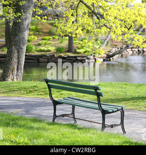 Legno vuota una panchina nel parco che si affaccia su di un lago o stagno in Halifax Giardini Pubblici, Halifax, Nova Scotia, Canada. Foto Stock