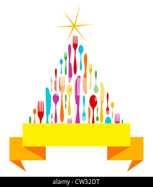 Posate albero di Natale isolato greeting card modello. Forchetta, cucchiaio e coltello nella stagione forma di pino con nastro. Illustrazione Vettoriale stratificata per una facile manipolazione e colorazione personalizzata. Foto Stock