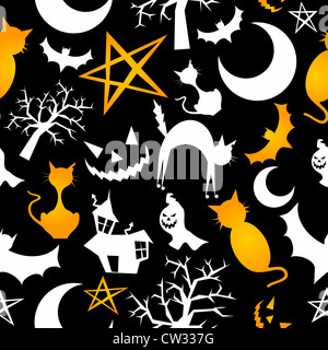 Divertenti personaggi di halloween seamless pattern sfondo. Illustrazione Vettoriale stratificata per una facile manipolazione e colorazione personalizzata. Foto Stock