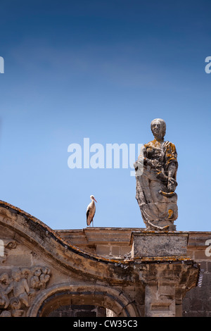 Puerto de Santa Maria, Andalusia, l'Europa. Cicogne sull'Iglesia Mayor Prioral. [Priory Chiesa] in Plaza España. Foto Stock