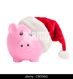 Salvadanaio indossando un cappello da Babbo Natale - Natale il concetto di risparmio Foto Stock