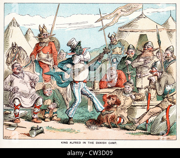 Schizzo di fumetti da T S Seccombe mostra King Alfred come un bianco e nero menestrello in danese Camp Foto Stock