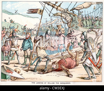 Schizzo di fumetti da T S Seccombe che mostra lo sbarco di Guglielmo il Conquistatore nel 1066 Foto Stock