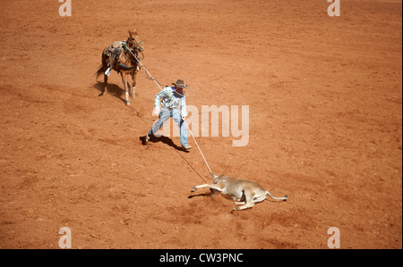 Corda & tie partecipante al Mount Isa Rodeo di Outback Queensland, Australia Foto Stock