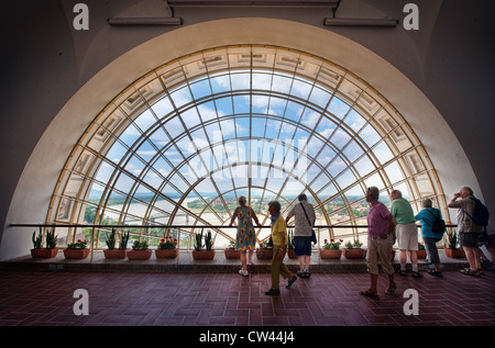 La vista sul fiume Danubio dall'interno della Basilica di Esztergom in Ungheria Foto Stock