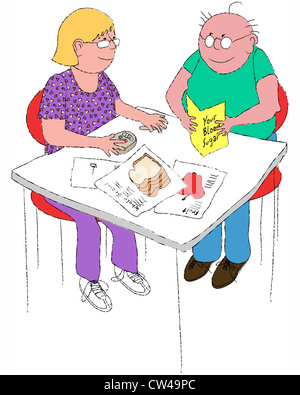 Giovane seduto, donna facendo i livelli di zucchero nel sangue di prova e uomo foglietto di lettura circa lo zucchero nel sangue, illustrazione Foto Stock