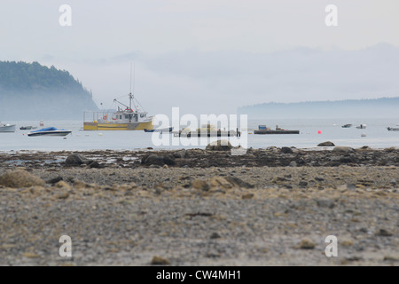 Tipico porto marittimo con barche, nebbia, spiaggia rocciosa e isole Foto Stock