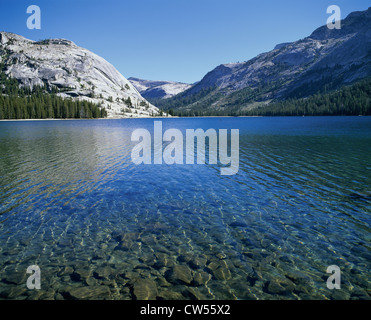 Il lago tra le montagne, il Lago Tenaya, Yosemite National Park, California, Stati Uniti d'America Foto Stock