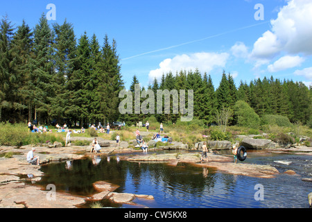 Persone picnicing mediante la lontra piscina sul fiume Dee in Galloway Forest park, Dumfries and Galloway regione, Scozia. Foto Stock