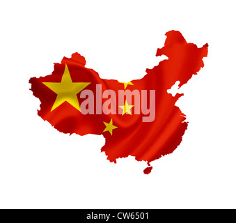 Mappa della Cina con sventola bandiera isolato su bianco Foto Stock