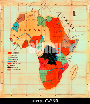 Mappa di Africa mostra colonie europee e paesi indipendenti in Africa, circa 1908. Foto Stock