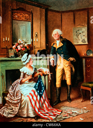 Quindi, ora e per sempre. Betsy Ross bandiera di cucitura, e George Washington in piedi accanto a. Foto Stock