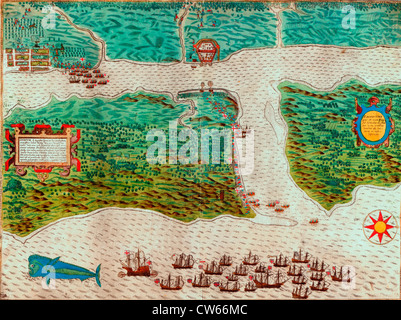 Mappa Mappa e viste illustranti Sir Francis Drake's West Indian voyage, 1585/86 Foto Stock