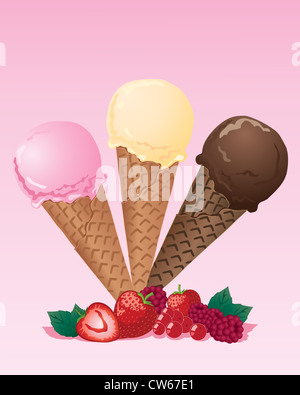 Una illustrazione di tre sapori del cono gelato con una disposizione di frutti e foglie di menta su un sfondo rosa Foto Stock