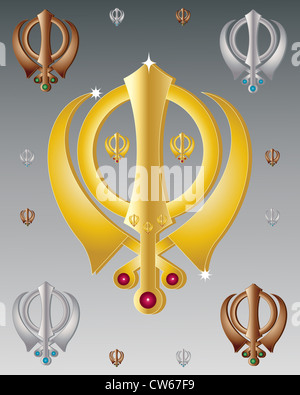 Una illustrazione del simbolo della fede sikh in colori metallici su sfondo grigio Foto Stock