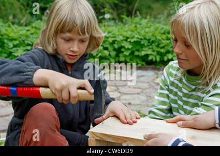 I bambini sono la realizzazione di un disidratatore apple; bambino è sul lato di chiodatura parti insieme, Germania Foto Stock