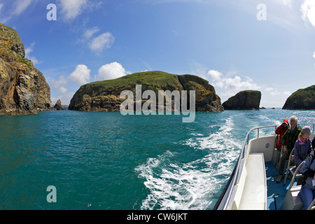 Turisti che si godono gita in barca attorno a Ramsey isola nel sole primaverile, Pembrokeshire National Park, Galles Cymru, Regno Unito Foto Stock