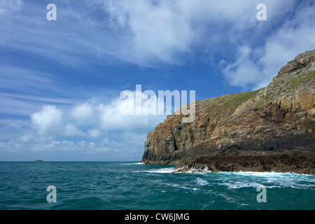 Scogliere rocciose su Ramsey isola nel sole primaverile, Pembrokeshire National Park, Galles Cymru, Regno Unito, Regno Unito, Gran Bretagna Foto Stock
