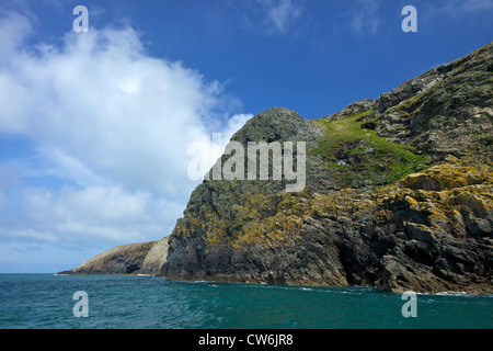 Scogliere rocciose su Ramsey isola nel sole primaverile, Pembrokeshire National Park, Galles Cymru, Regno Unito, Regno Unito, Gran Bretagna Foto Stock