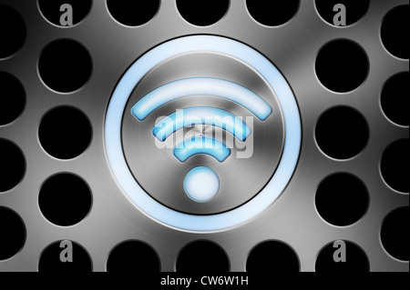 Simbolo WiFi illuminato su sfondo in alluminio spazzolato stile Mac Foto Stock