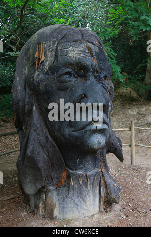 Scolpita scultura in legno chiamato 'DANCES con lupi nel suo capelli" al posto Groombridge Gardens Kent Foto Stock