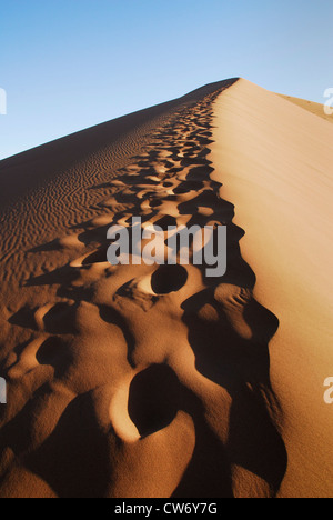 L'approccio alla parte superiore di una grande duna di sabbia, Sahara Occidentale Foto Stock