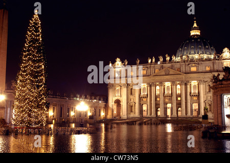 La Basilica di San Pietro durante la notte con albero di Natale sotto la pioggia, in Italia, Roma, Città del Vaticano Foto Stock