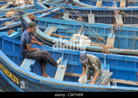 Blu barche da pesca in porto, Marocco Essaouira Foto Stock